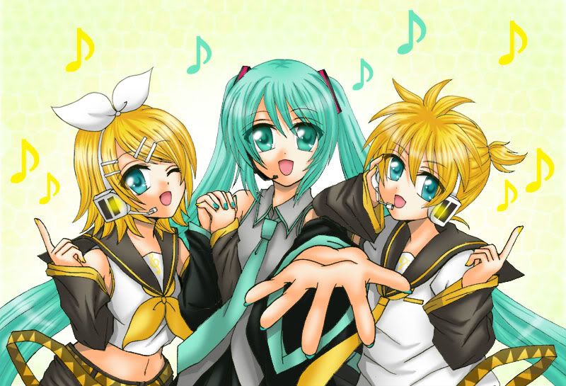 Miku, Rin and Len singing a song together~ =D Image source: 座敷ウサギ