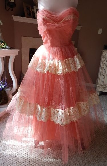 Vintage 1950s Cotillion Original Pink Tulle & Lace Party Formal Prom ...